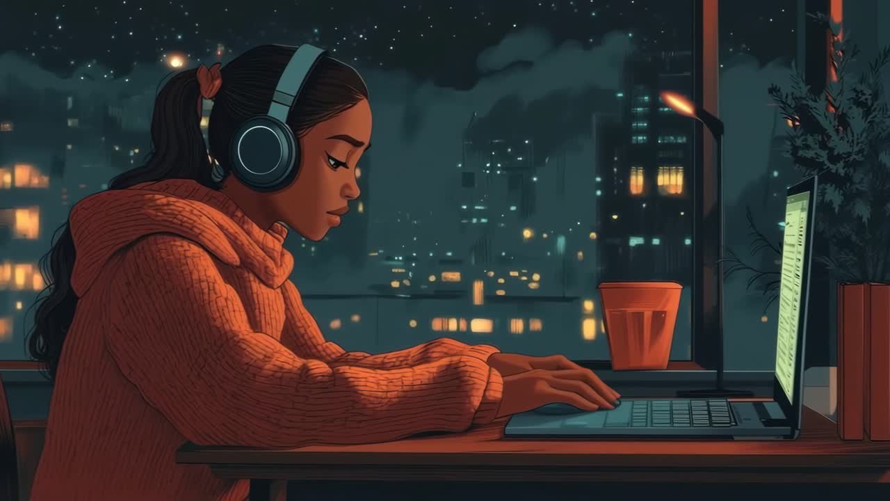A cozy night scene of a woman in headphones working on a laptop, captured from a side angle