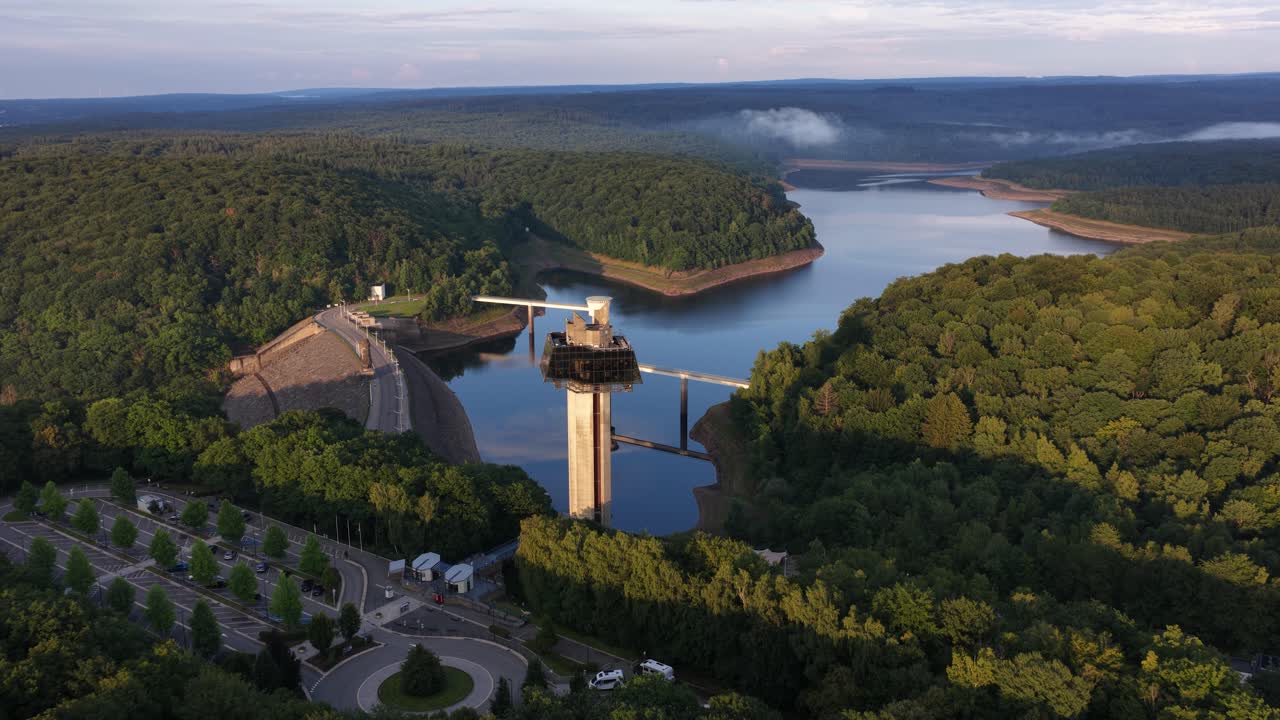 Tower of the Gileppe panoramic height, glass architecture, viewpoint, stunning view over Lac du Barrage and nature. Aerial view