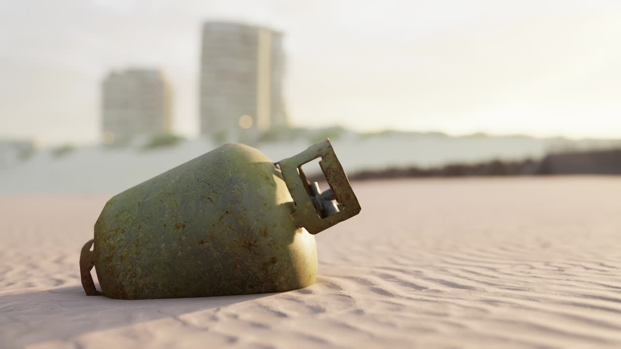 viejo tanque de gas metálico oxidado en la playa