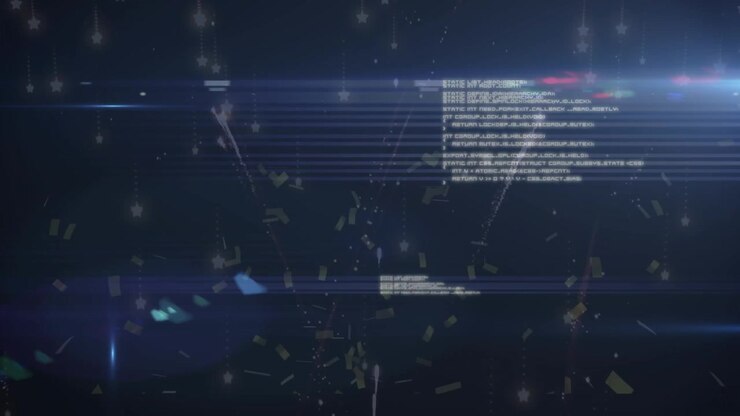 Animation of fireworks and confetti over data processing on black background