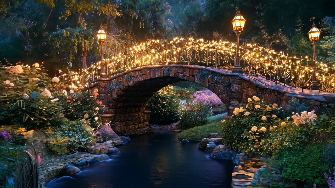 Un sereno puente de jardín de cuento de hadas iluminado por faroles y luces de guirnalda