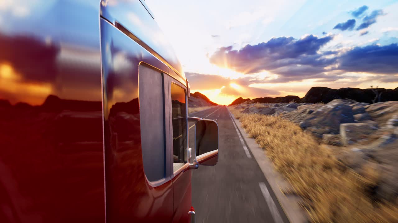 Beautiful Sunset Colorful Sky And Reflections On A Truck On Road