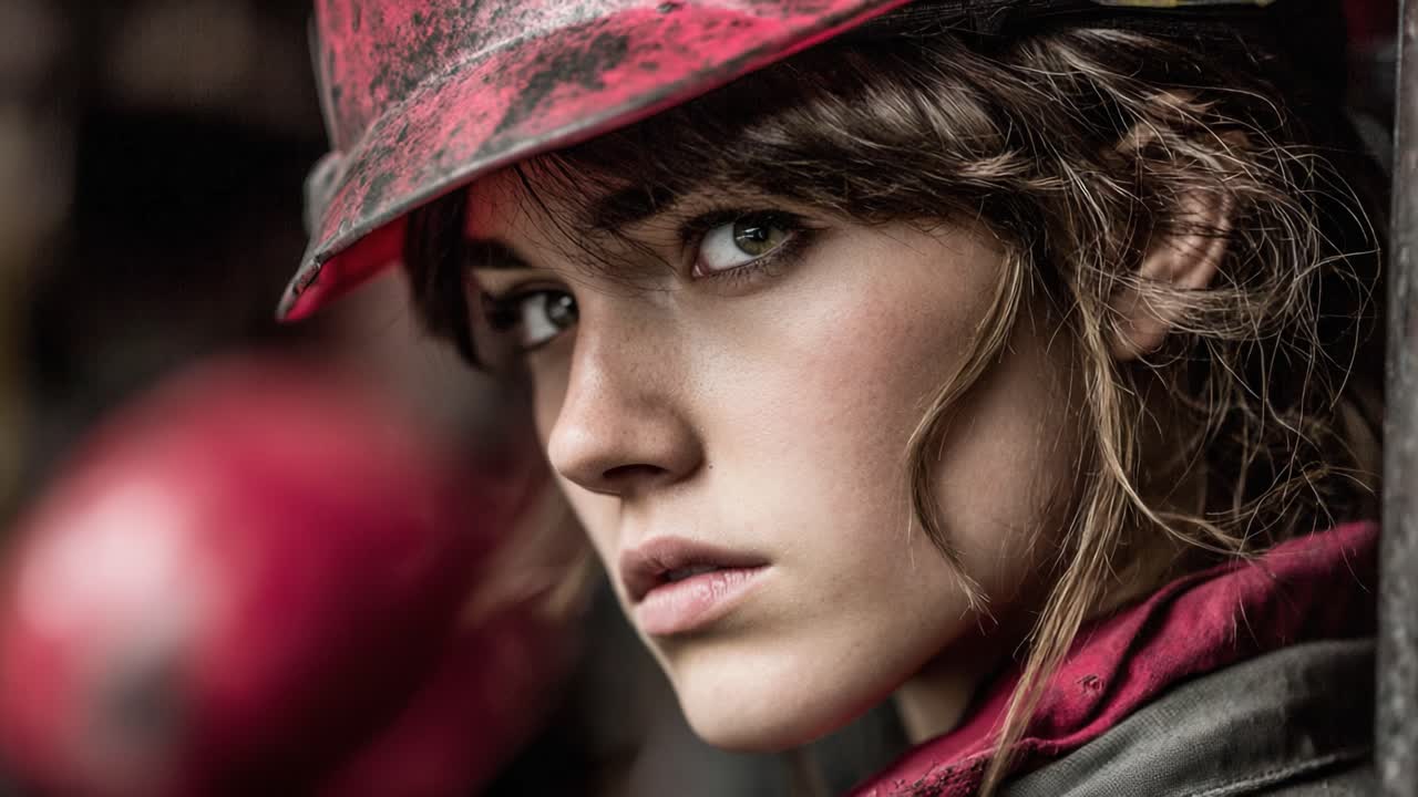 Intense Emotional Portrait of a Young Woman in a Work Helmet Capturing Strength and Determination Against a Gritty Industrial Background in a Powerful Moment