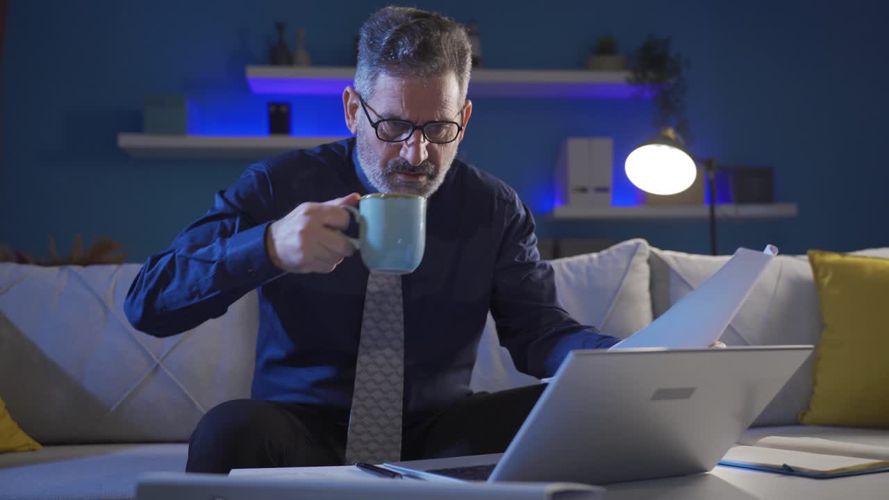 Thoughtful mature businessman in glasses working remotely online on laptop.