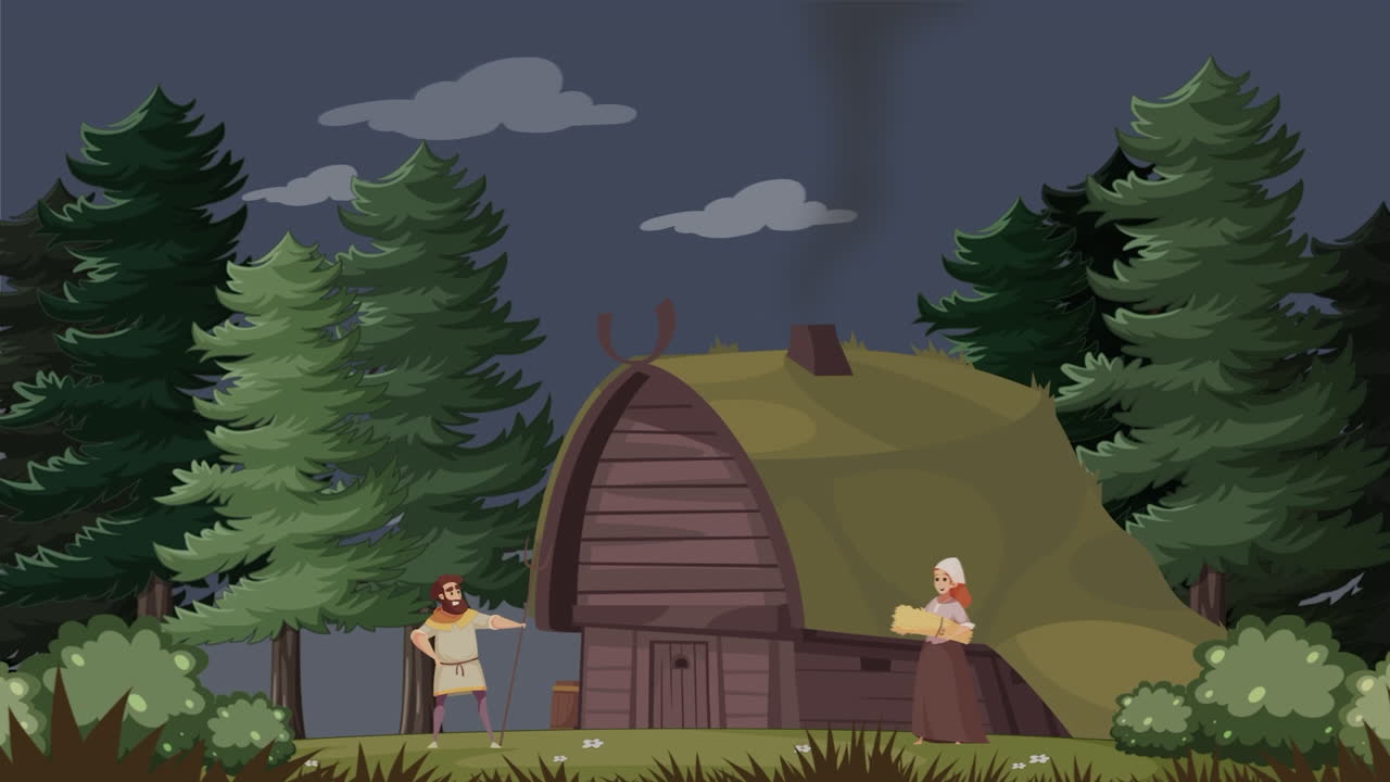 escena de un pueblo medieval por la noche