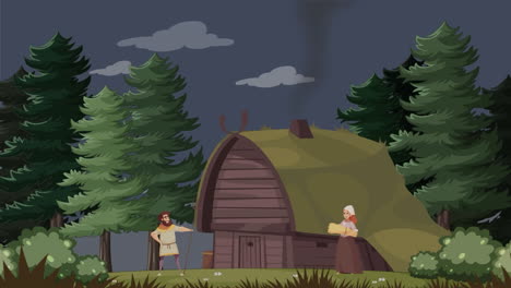 medieval village scene at night
