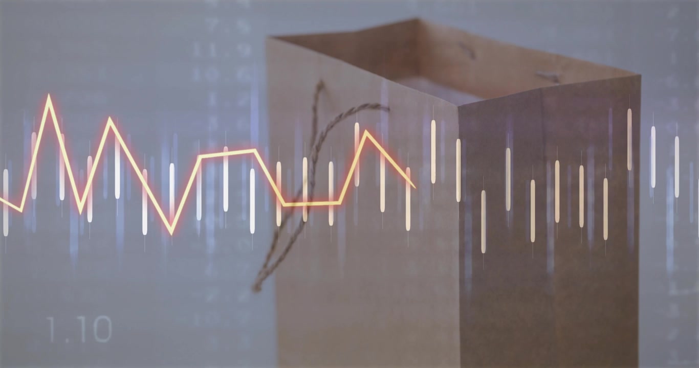 On data overlay appearing, bag showing bar and line graphs fluctuating, visualizing sales trends