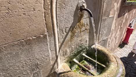 corrientes de agua de una fuente de piedra cubierta de musgo