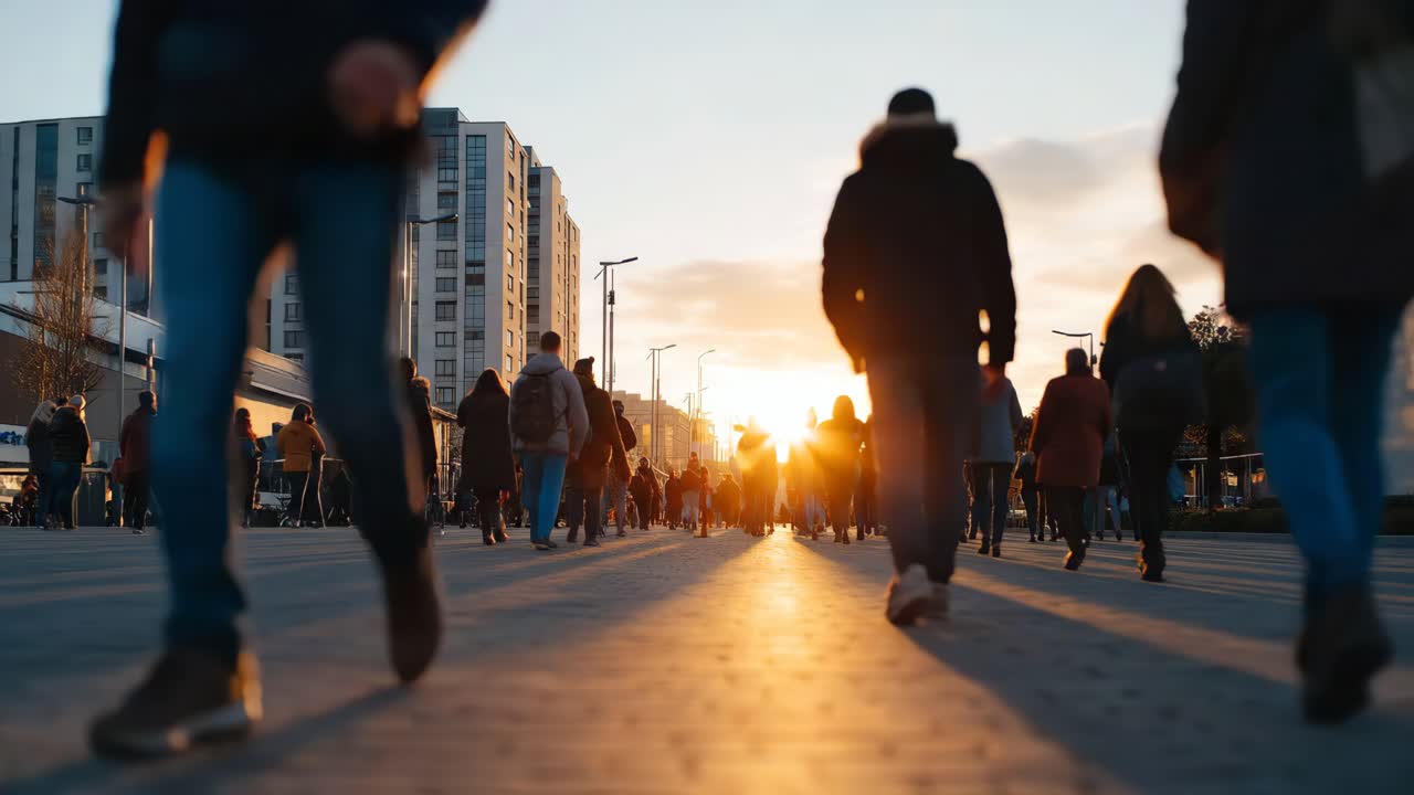 folla di persone che camminano per strada in città al tramonto