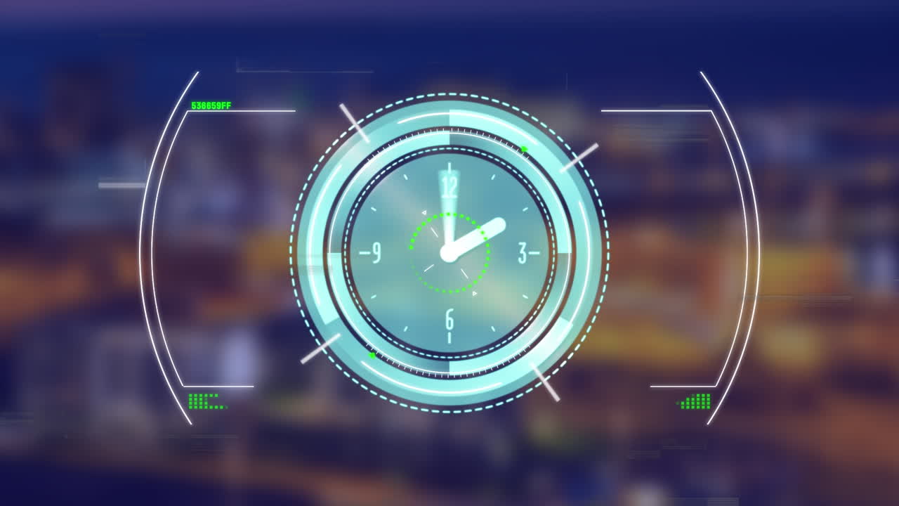 Animation of data processing with clock over cityscape
