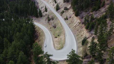 aerial view of car driving on road through a forest in british columbia, canada