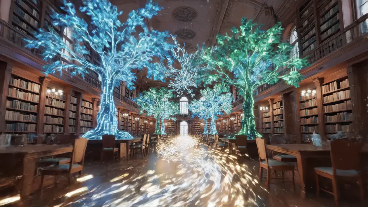 Magical Library with Glowing Trees