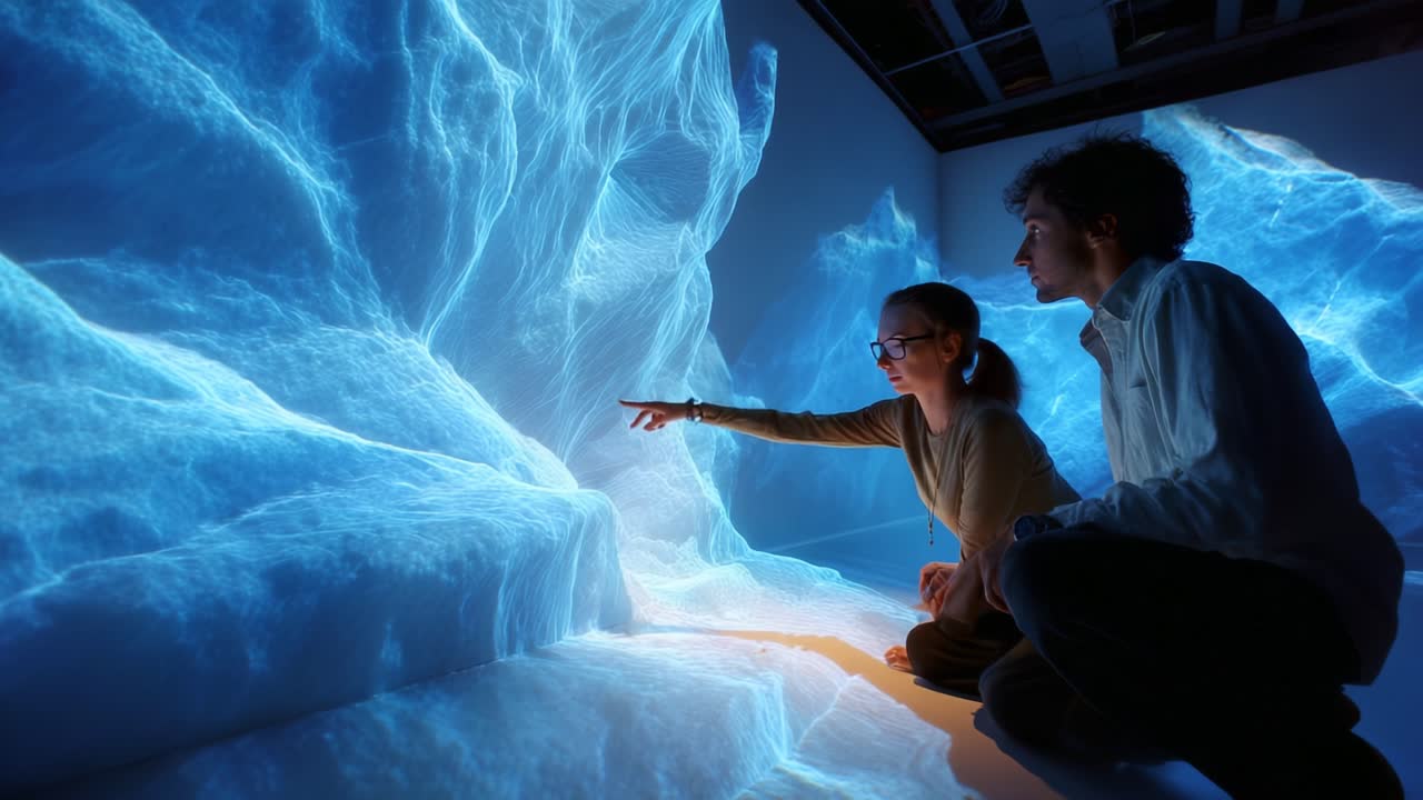 A Stunning Visual Experience: Two Individuals Engaged with a Breathtaking Light Projection That Transforms Their Surroundings into a Dreamlike Digital Landscape
