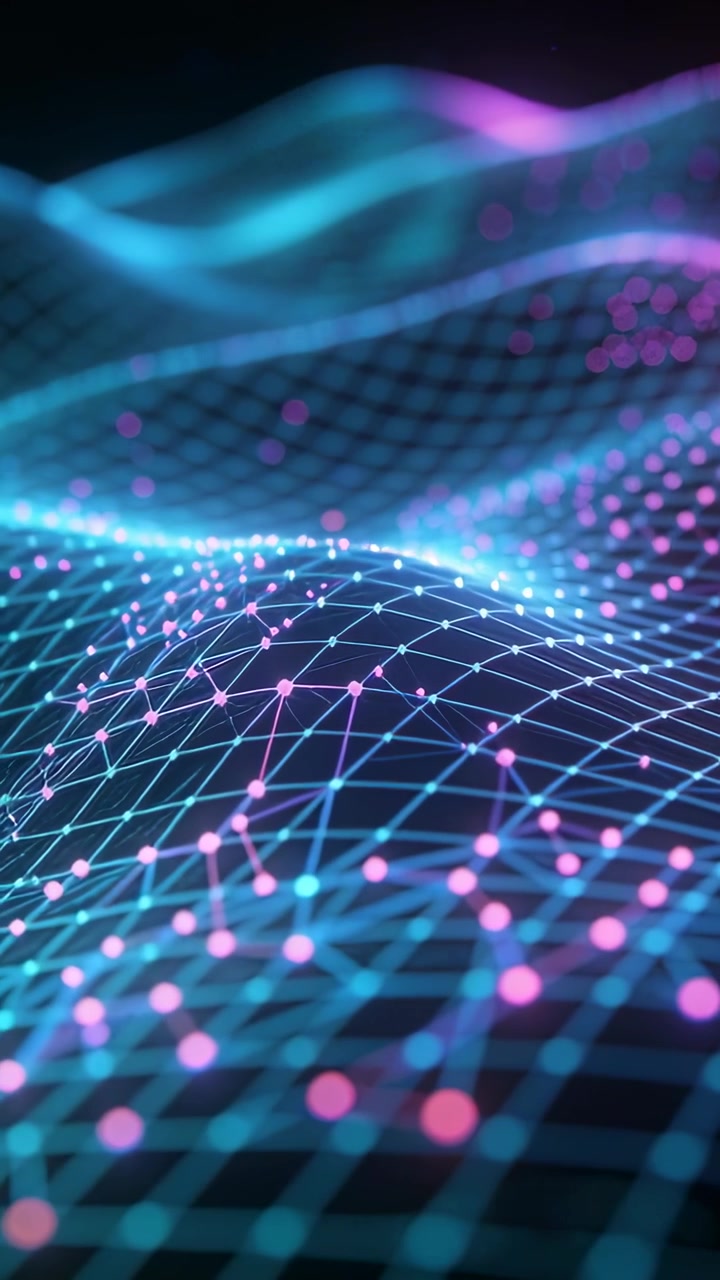 Vertical video: Undulating 3D mesh starting ripple lower left, pulsing nodes simulating energy flow