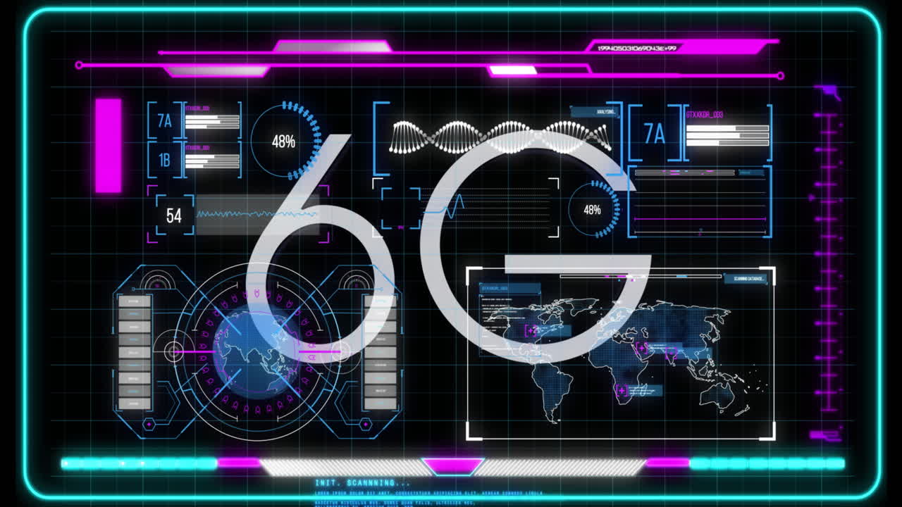 visualización de datos globales, animación de tecnología 6g a través de una interfaz digital futurista