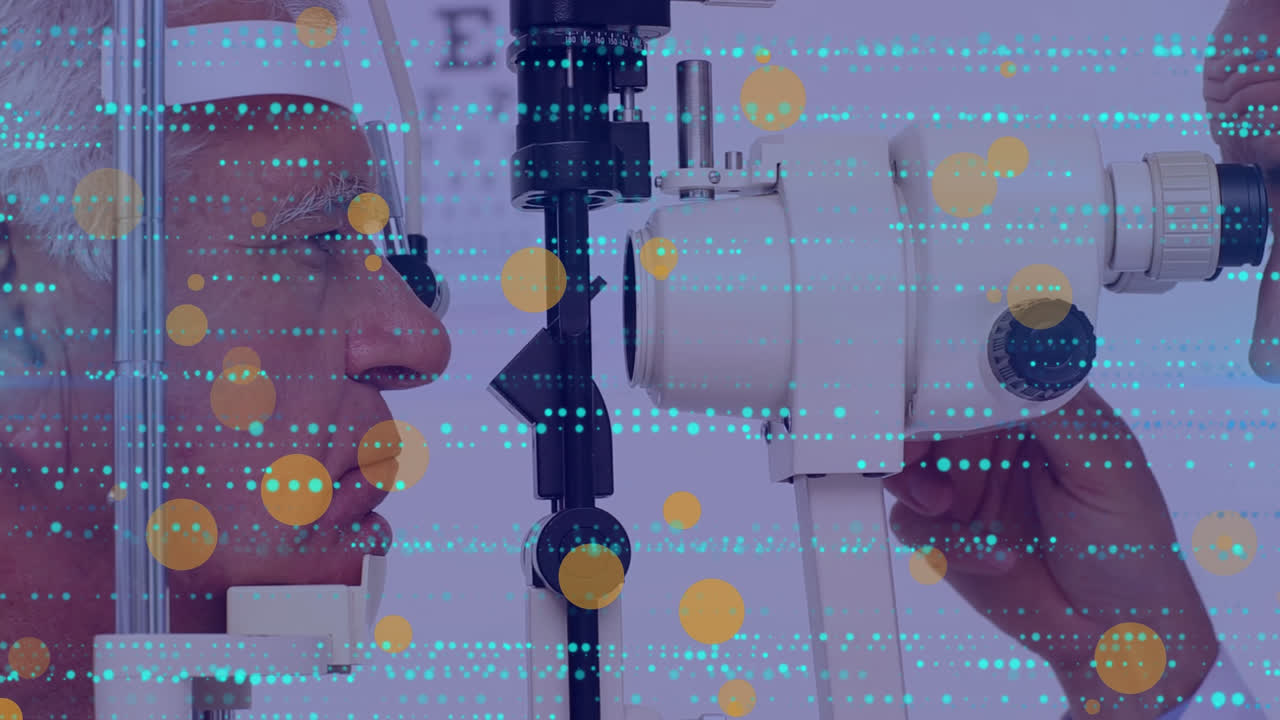 animación de puntos que caen sobre el oculista caucásico con el paciente