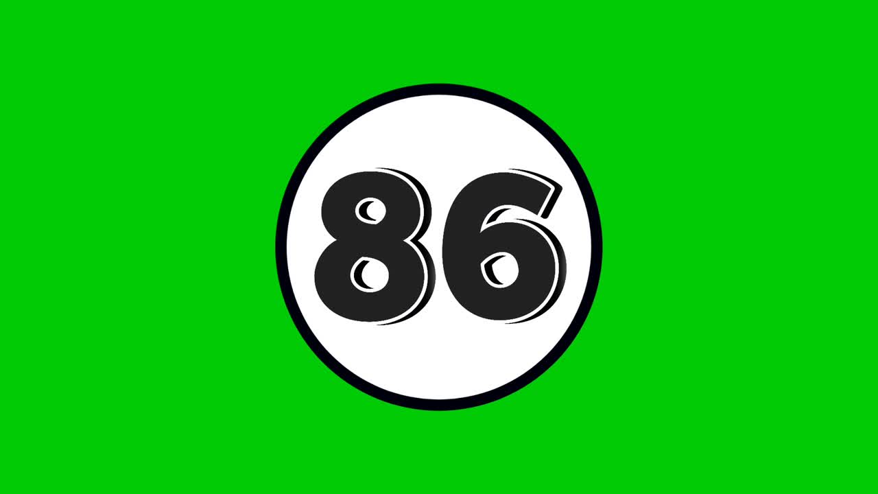 Number 86 symbol sign animation motion graphics cartoon black color on green screen background.numbers in white circle suitable for video elements