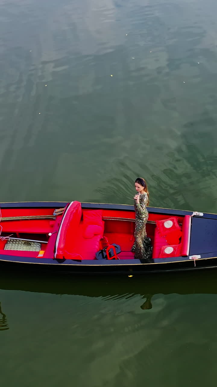 Traditional Gondola Boat. Aerial flight view of gondola boat