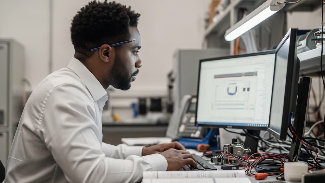 Focused Engineer Analyzing Data on Computer in High-Tech Workspace, Demonstrating Expertise in Technology and Precision Work Processes