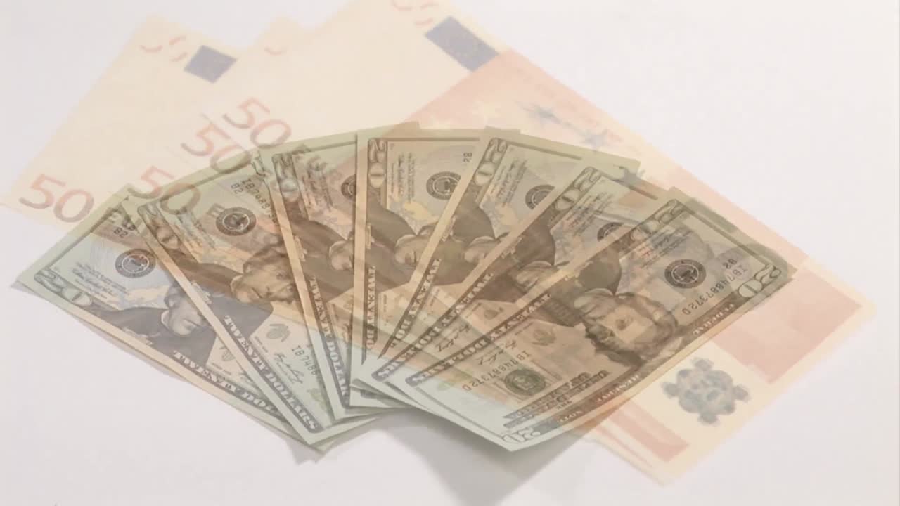 animación de billetes de 20 dólares en la mesa sobre 50 euros cayendo contra un fondo blanco