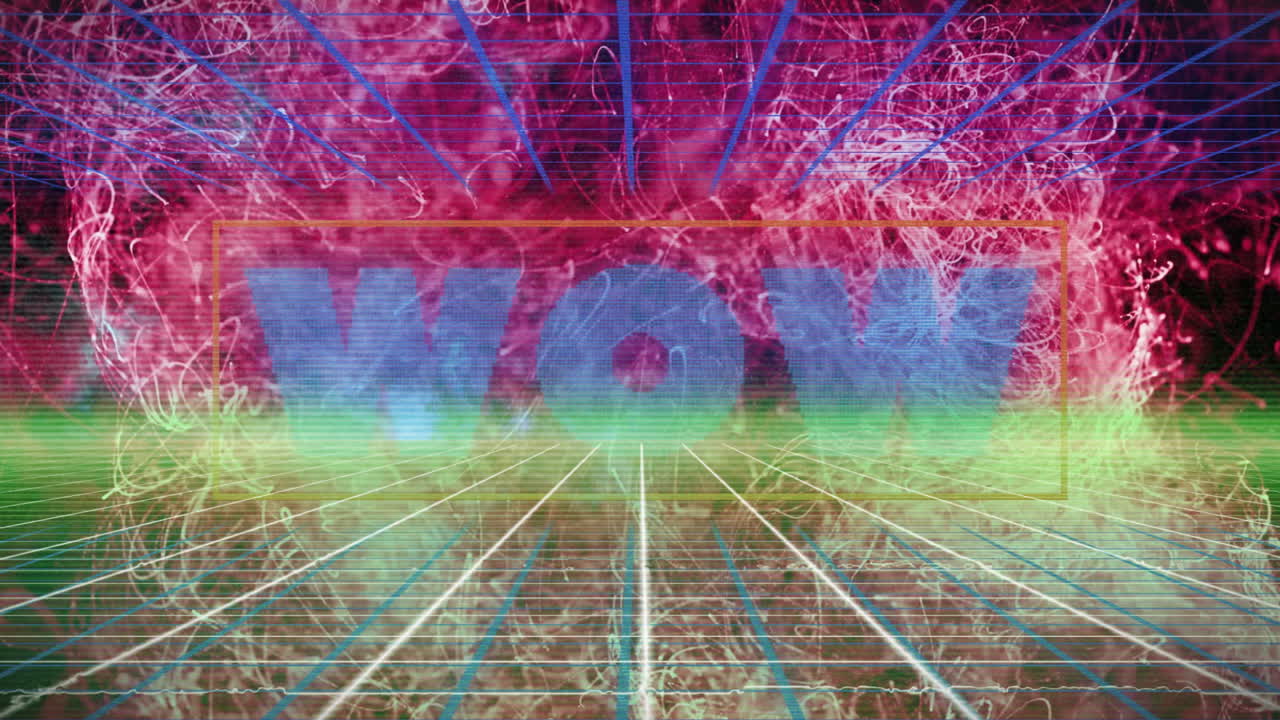 Animation with colorful WOW text and digital lines in abstract background