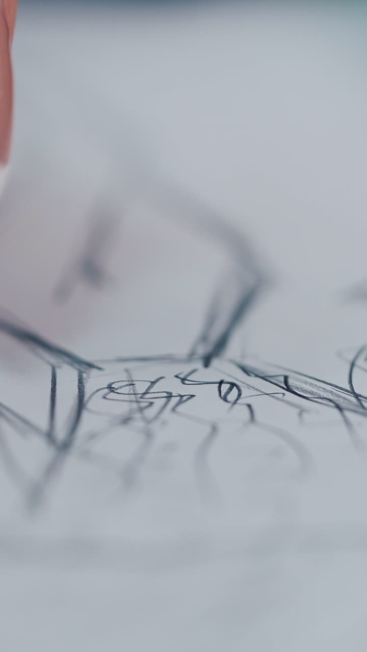 Woman hands drawing on template. Fashion designer draws a sketch of dress with a pencil on paper. Drawing and craft designing. Close-up. Vertical video