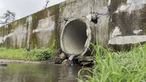 a handheld wide day shot of a canal opening under a bridge, water coming out of a large pipe merging with a pond like structure amidst bushes