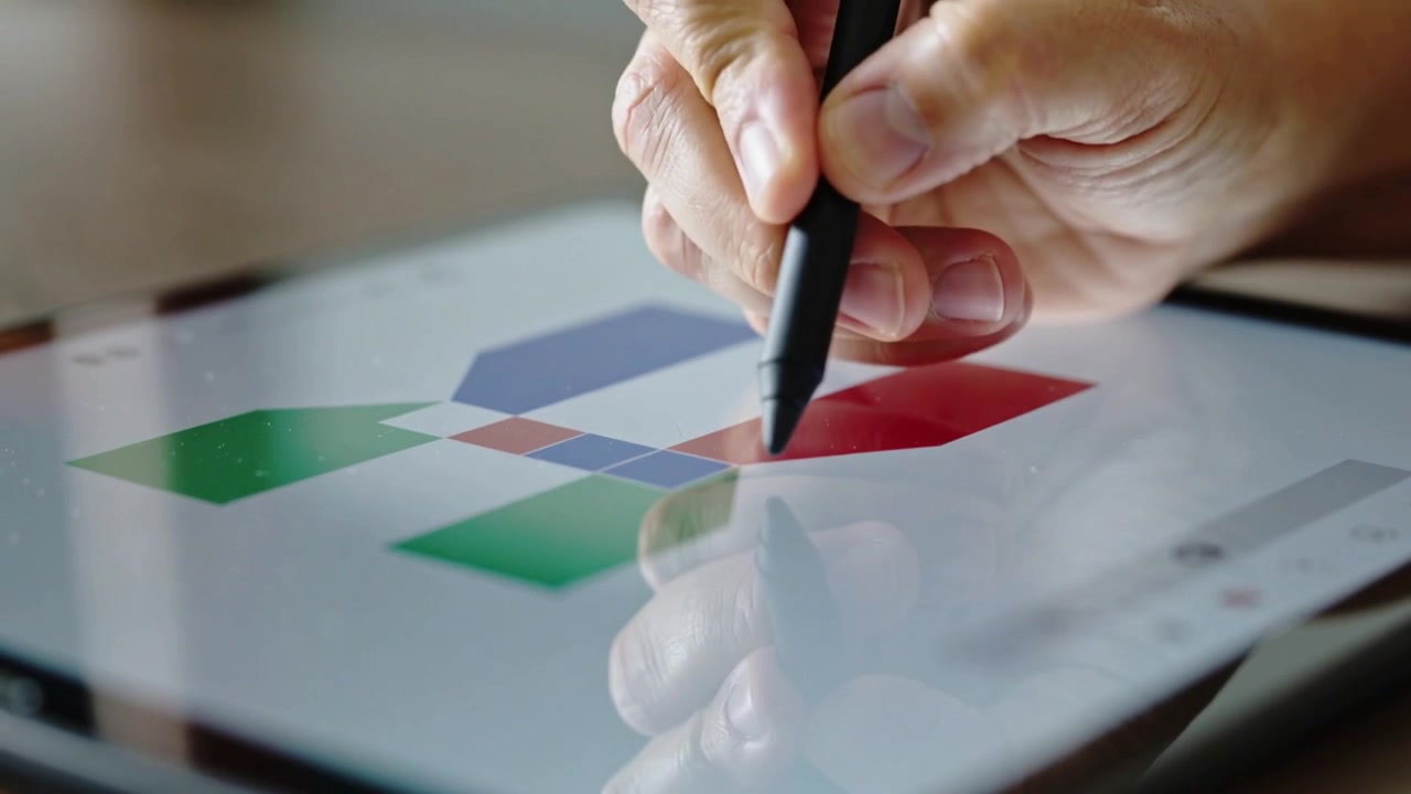 Tapping right hand pressing stylus on central square of tablet, adding blue tiles to refine mosaic