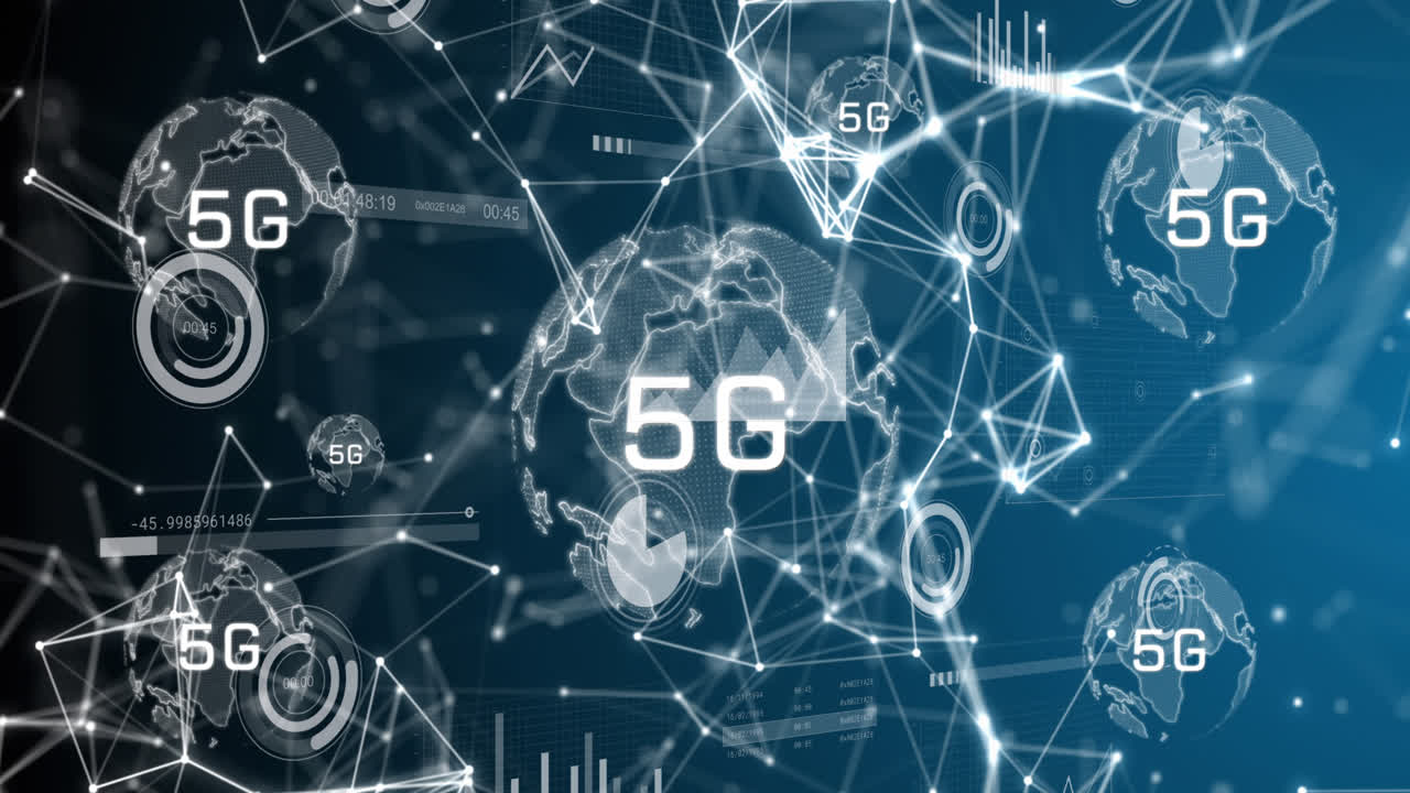 animación de 5g sobre globos y conexiones en pantalla digital de la marina