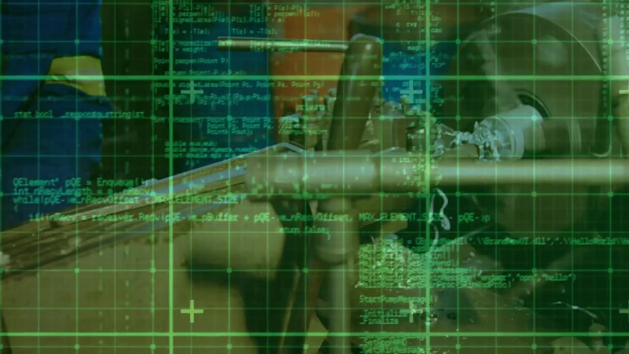 Male hand probing beam, gripping valve and turning to operate machinery under green code overlay