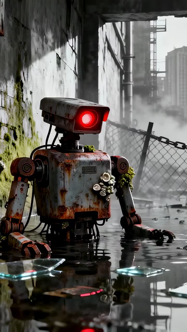 Vertical video: Moving camera closing in on rusted robot in flooded alley, showing glowing red eye