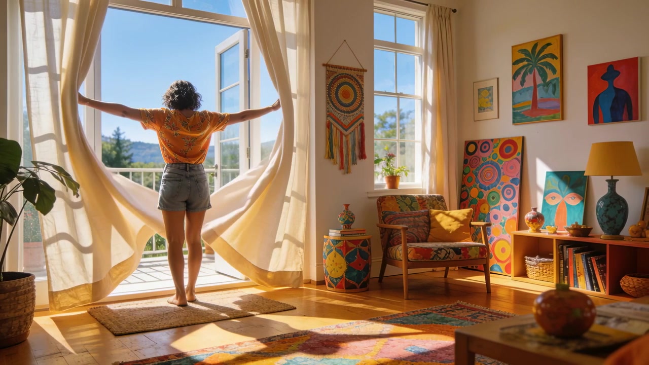 Una donna a piedi nudi con top arancione e pantaloncini di jeans tira le tende alle porte finestre, lasciando entrare la luce del sole.