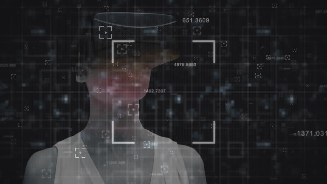 escaneo de alcance sobre la mujer utilizando auriculares vr y procesamiento de datos