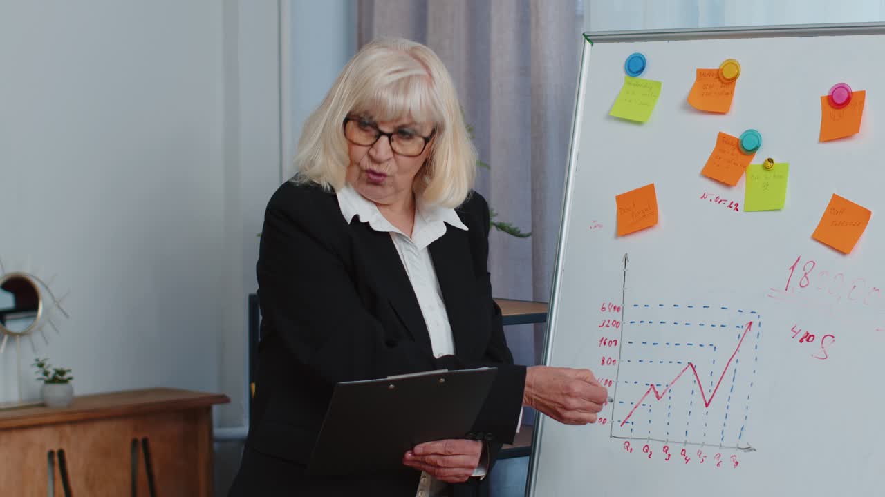 mujer ejecutiva de negocios, entrenadora, líder, oradora de la conferencia, explica la estrategia del proyecto en la pizarra de la oficina.