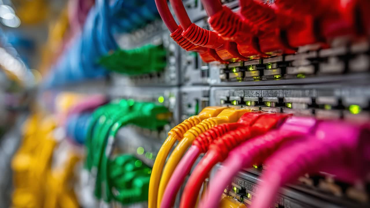 Vibrant Data Center Connections: Close-Up of Colorful Ethernet Cables and Network Hardware, Showcasing High-Speed Connectivity and Modern Technology