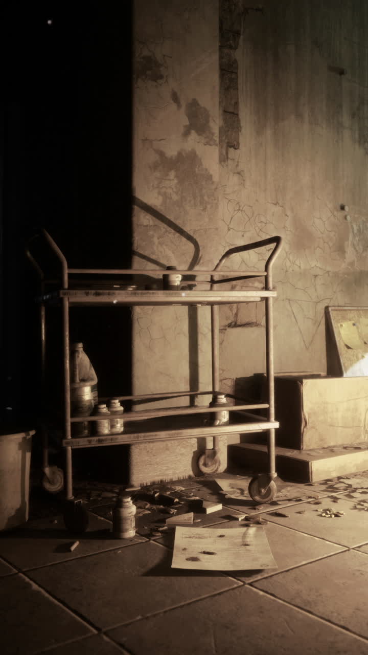 Sunlit corridor of an abandoned hospital debris scattered around