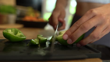 close up of female hands slicing green pepper