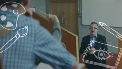 múltiples iconos de concepto de arte contra contra profesor masculino caucásico enseñando a estudiantes en la universidad