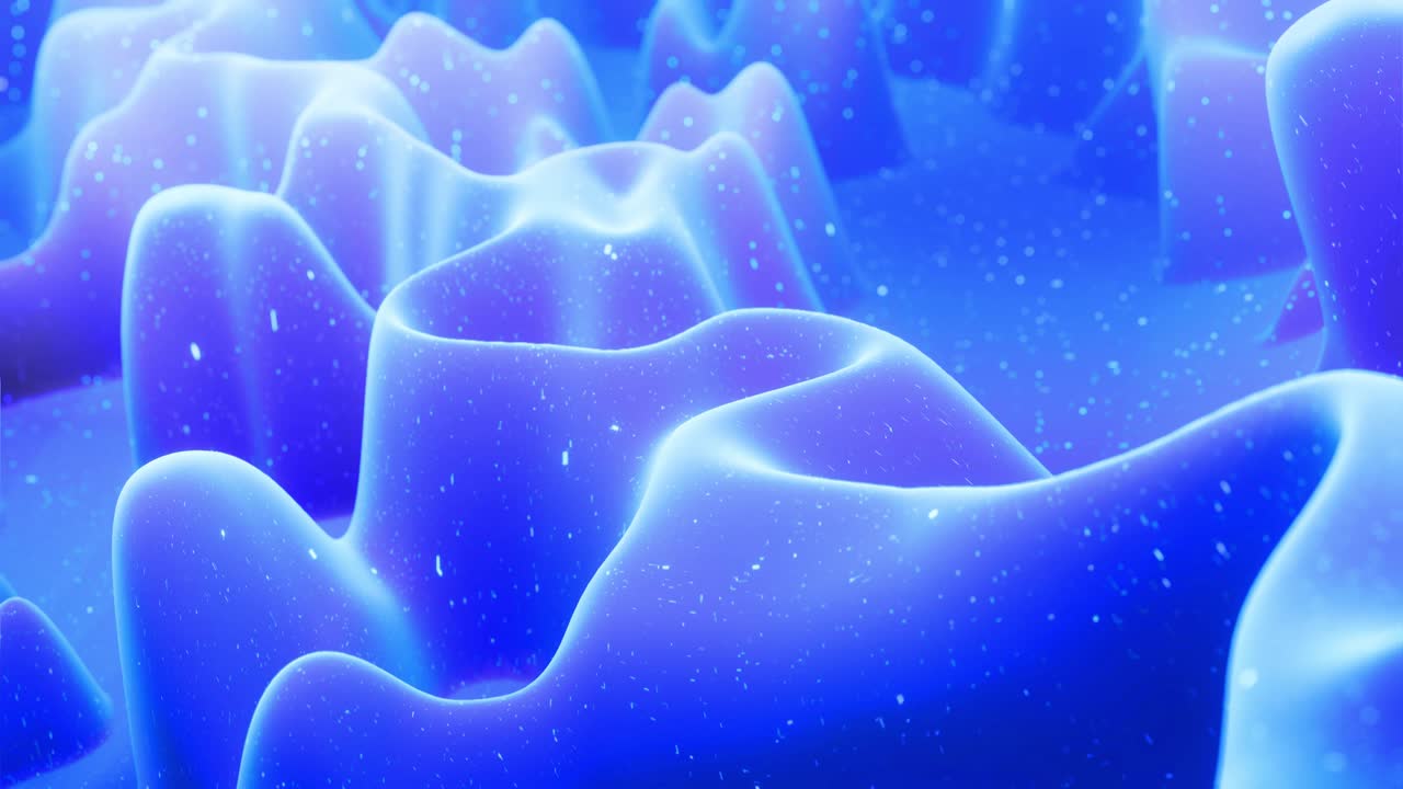 Abstract waves of soft blue matte material with light inner glow and glitters on morphing surface. Abstract geometric surface like landscape or terrain, extrude or displace 3d noise. Loop 4k