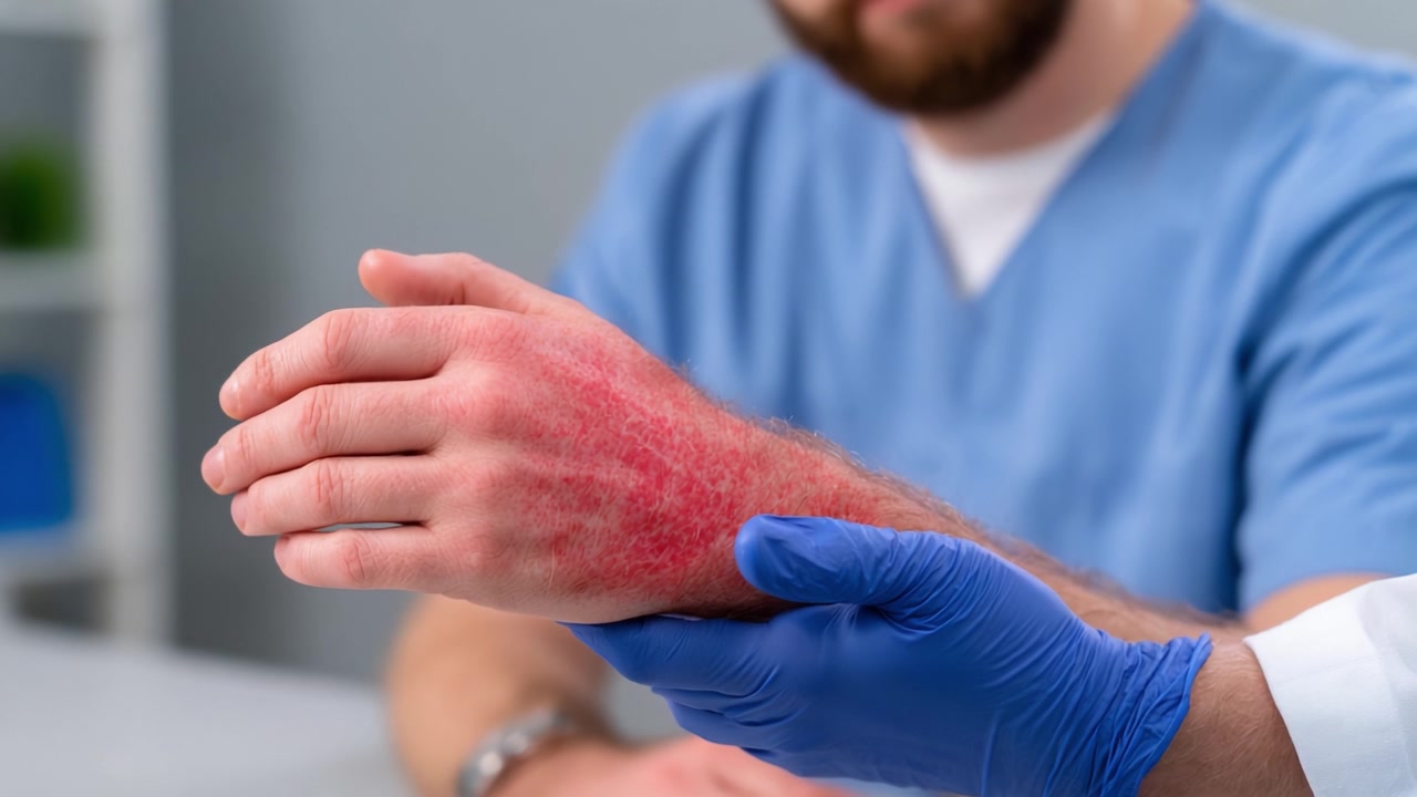Esame Medico della Condizione della Pelle Irritata di un Paziente sul Braccio, Evidenziando Sintomi e Fasi del Trattamento Osservati dal Professionista Sanitario