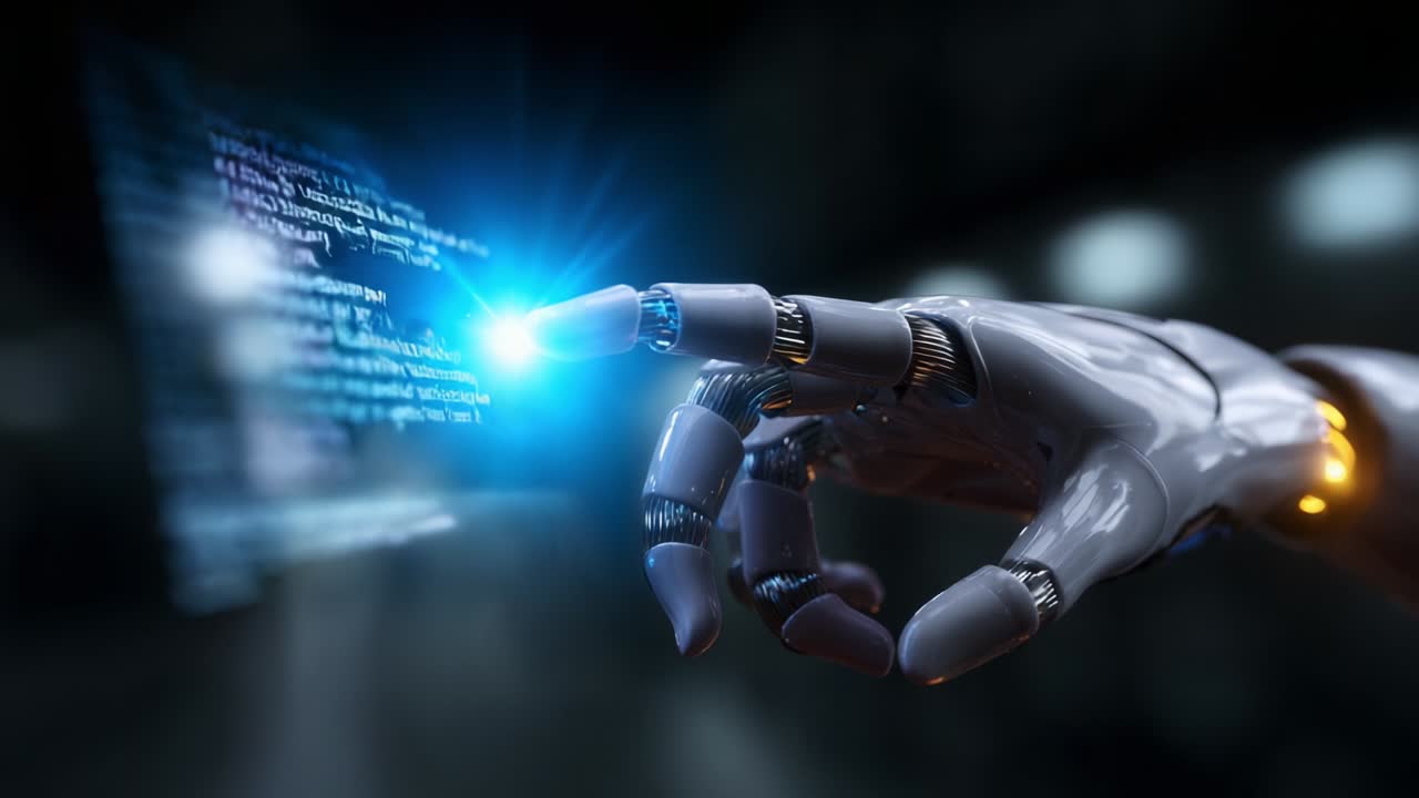 A close-up view of a robotic hand extending its finger towards streams of glowing digital data, showcasing the intricate design and technology behind artificial intelligence interactions in a futuristic setting