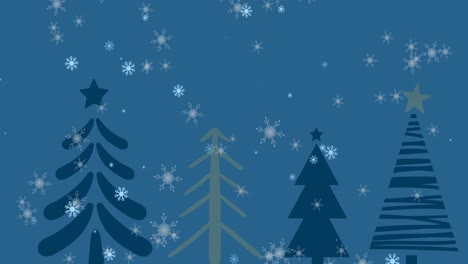 Animation-of-snow-falling-over-christmas-trees-on-blue-background