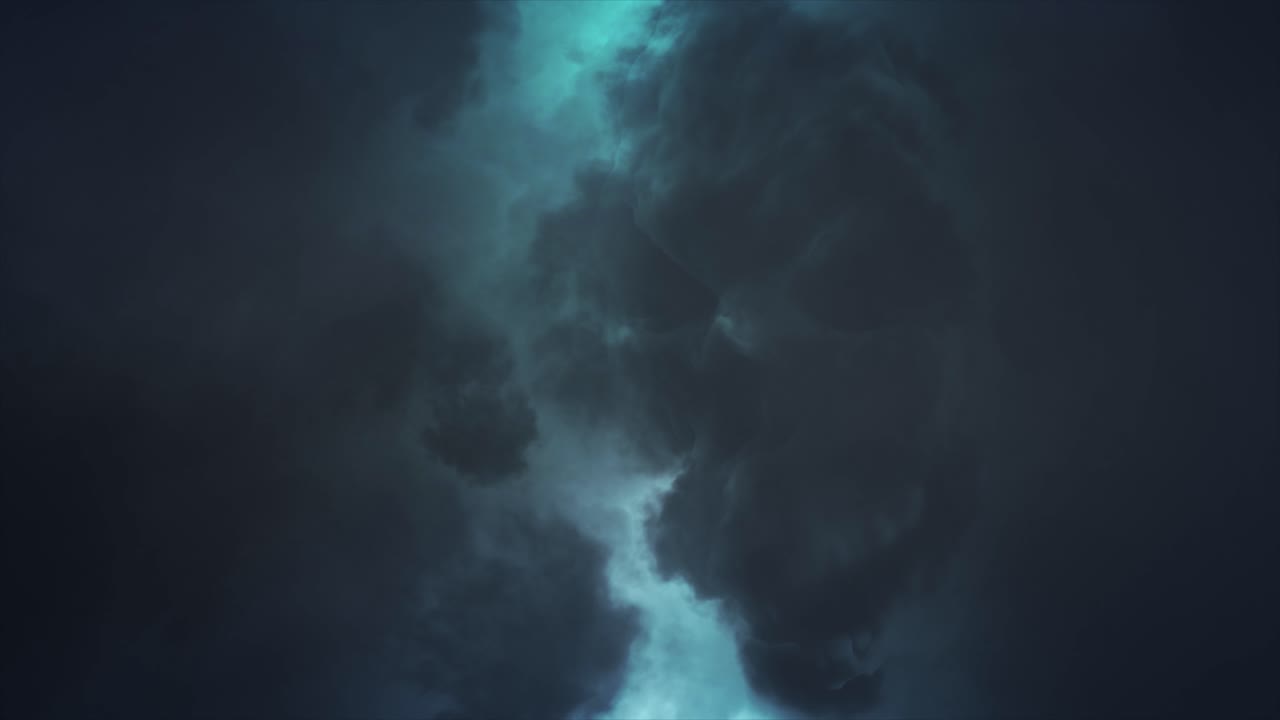 Cloud Lightning - Eerie spectacular and dramatic lightening storm illuminating dark and sullen skull shaped cloud with brilliant and intense bolts and flashes of pale blue lightning
