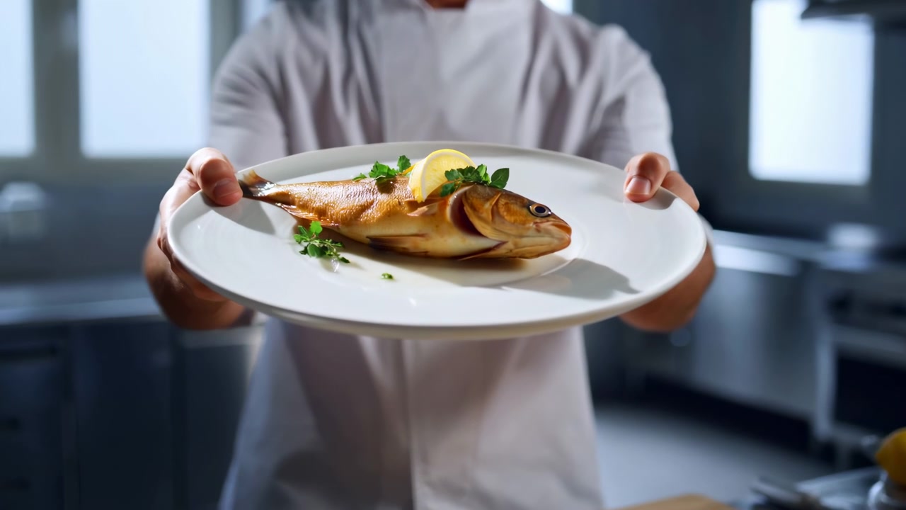 Chef sorridente tiene un piatto di ceramica bianco in avanti con entrambe le mani all'altezza del petto, presentando un pesce intero arrosto guarnito con uno spicchio di limone ed erbe fresche; piatto e mani sono nitidamente a fuoco mentre.