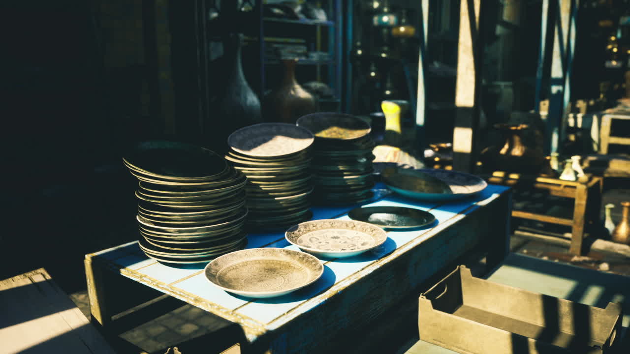 Vintage scene showing stacked porcelain on sunbleached table with deep shadows