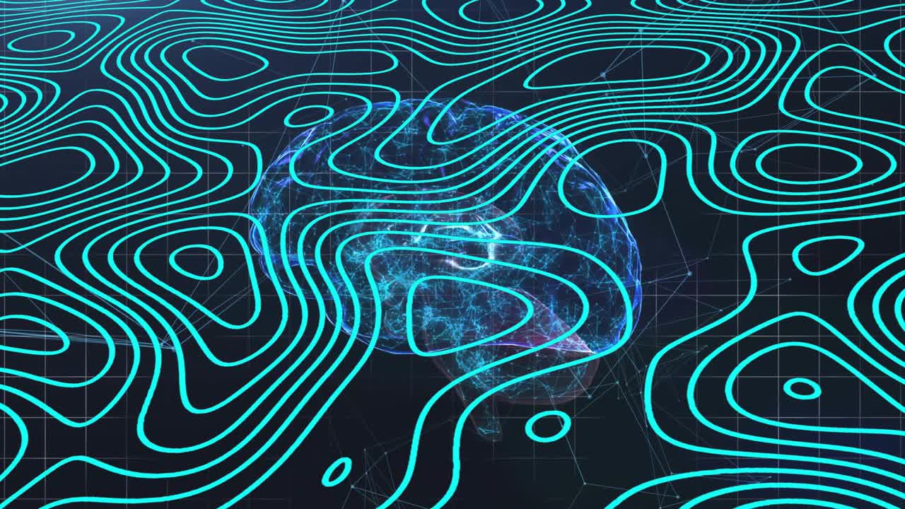 Upon opening dark grid, turquoise contour lines floating over rotating globe showing live data flow