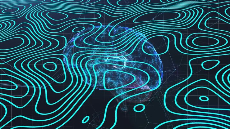 Upon opening dark grid, turquoise contour lines floating over rotating globe showing live data flow