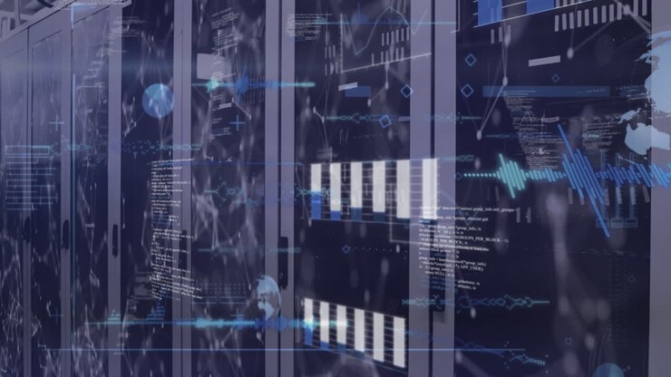 Animation of graphs, computer language, globe, connected dots moving over data server systems