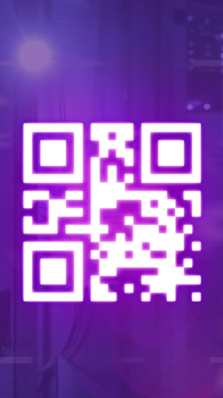 Animation of neon qr code with lines over data processing and server room