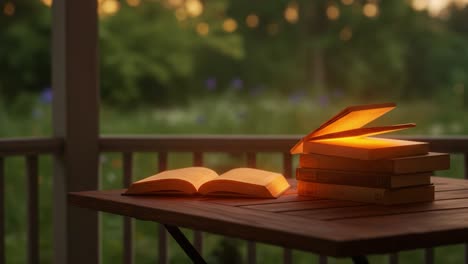 a captivating evening on the porch: an enchanted table with open books imbued with golden light amidst a serene natural setting